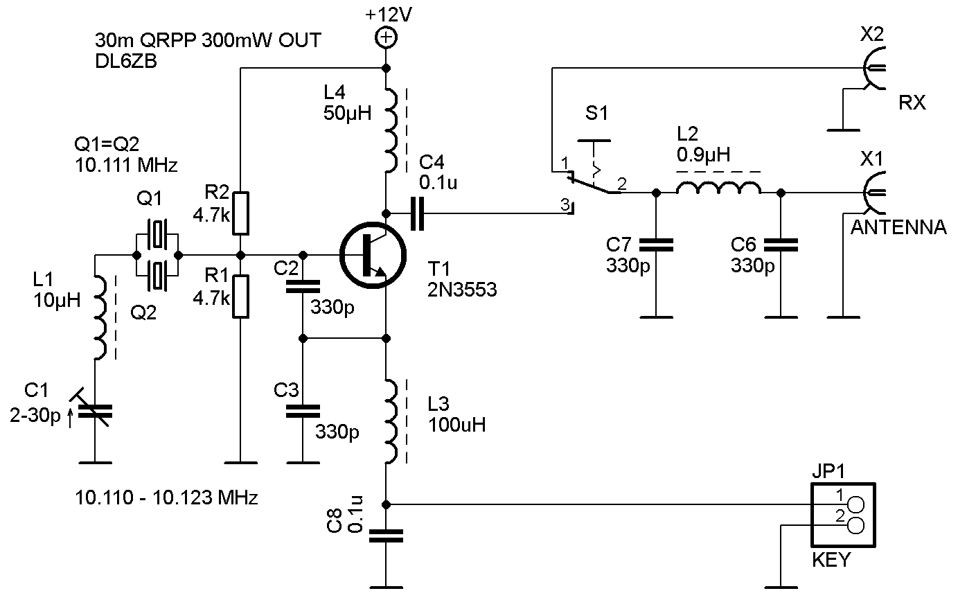 30 m single-transistor QRPP transmitter – schematic