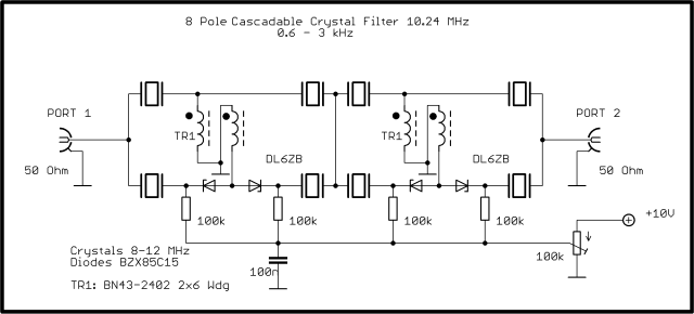 Tunable 8-pole crystal filter (two cascaded sections)